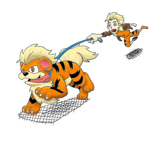 boy being pulled by a running Growlithe